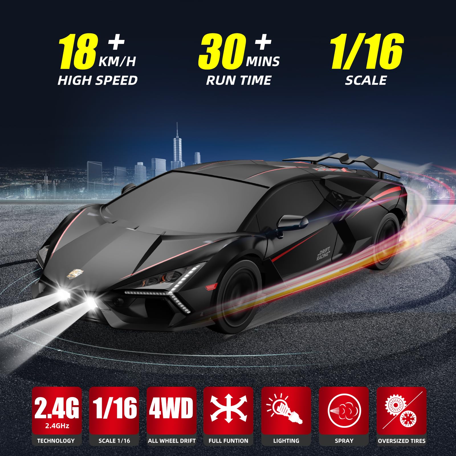 Sakeye RC Drift Car side view emphasizes dual tire setup for drift and race modes