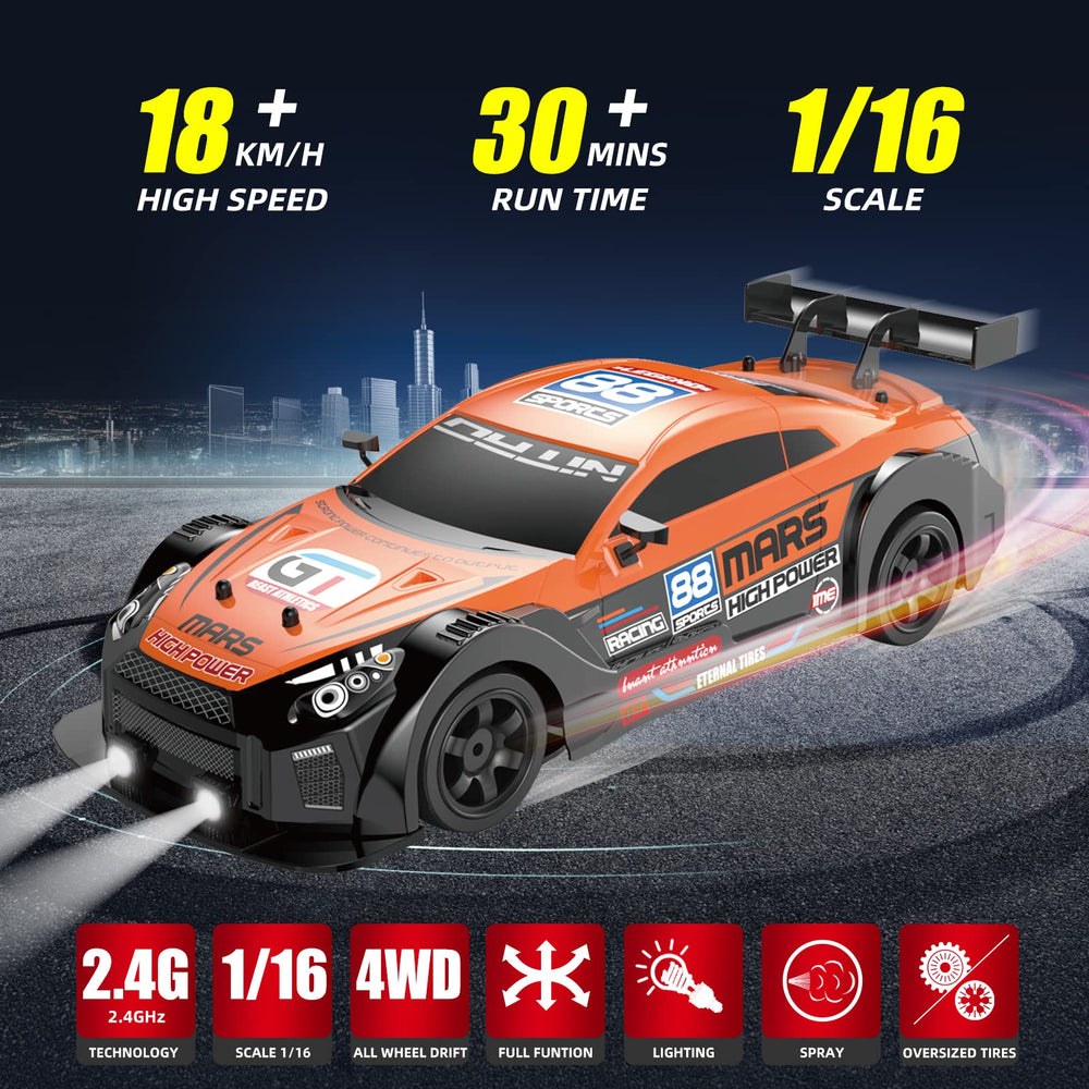 Sakeye RC drift car side view showing a sleek, durable shell for robust play.