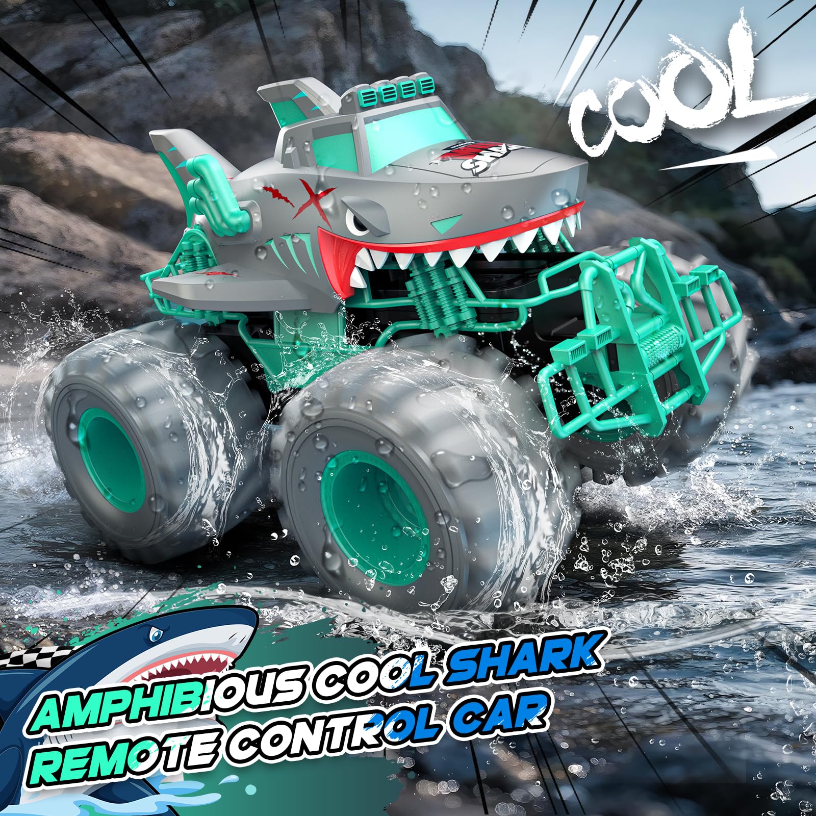 Salazaza Waterproof chassis protects batteries during water and land play.