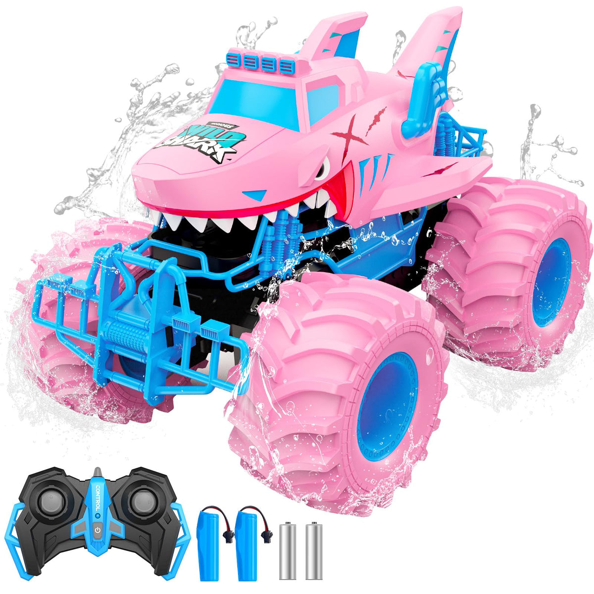 Salazaza Shark RC Car front view showing pink amphibious design for water and land play