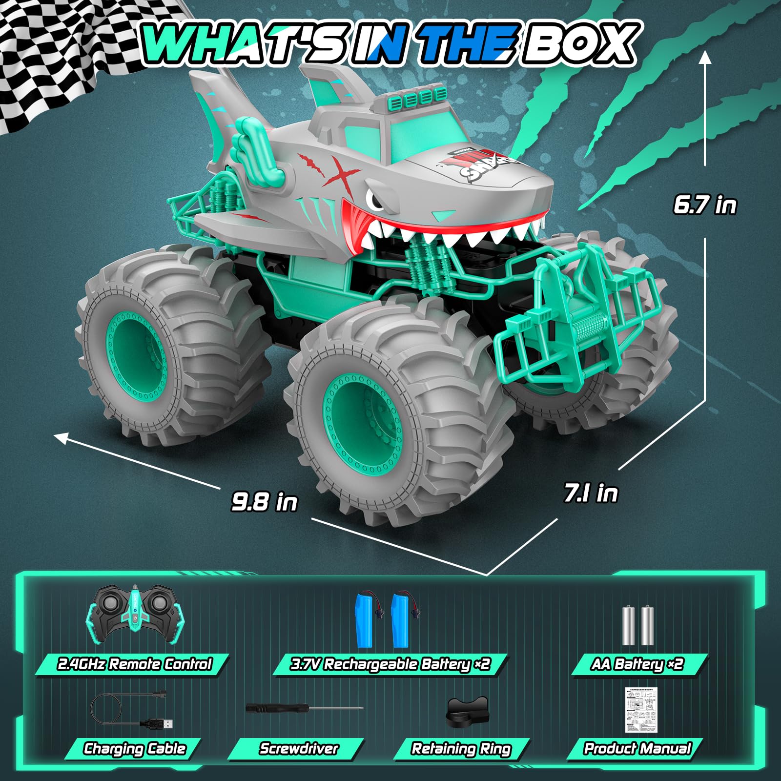 Salazaza Shark RC Car side view highlights 4WD grip on sand and grass.