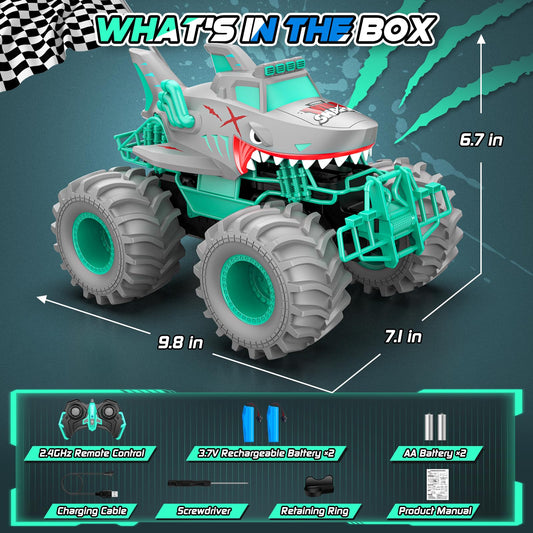 Salazaza Shark RC Car side view highlights 4WD grip on sand and grass.