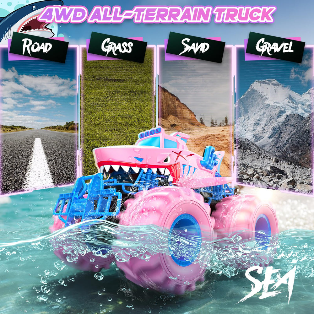 Salazaza Shark RC Car in water play pool view emphasizing aquatic versatility
