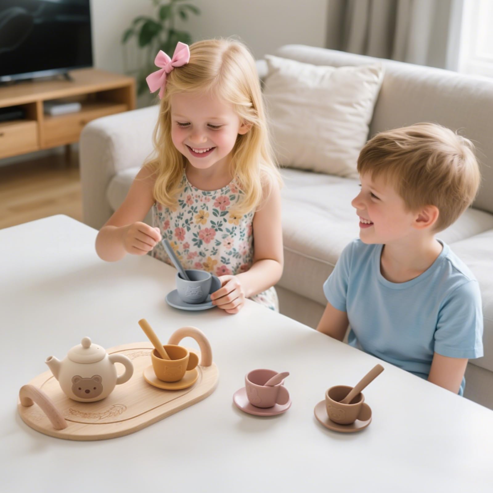 Samonyed tea party set packaging highlighting safe materials for kids