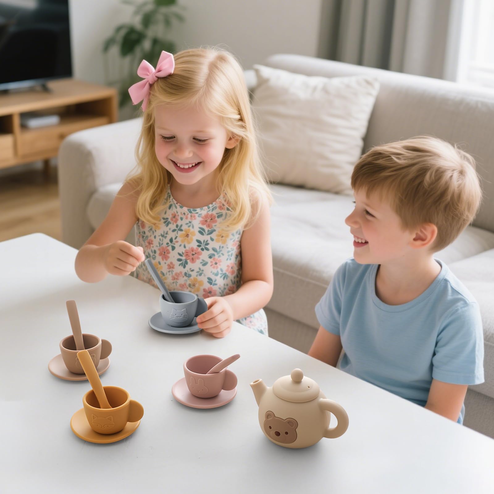 Samonyed kids tea-time scene illustrating cozy, imaginative play.