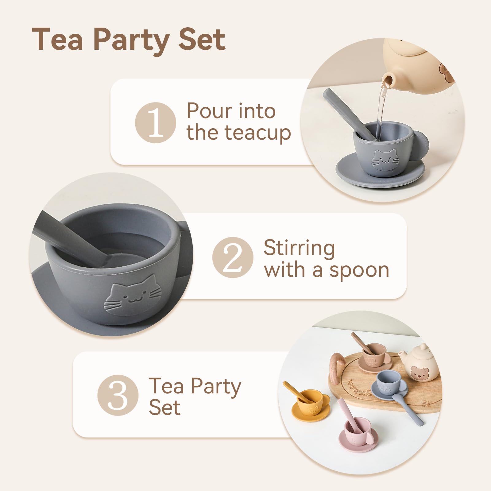 Samonyed silicone coasters protect surfaces during kids' pretend tea time.