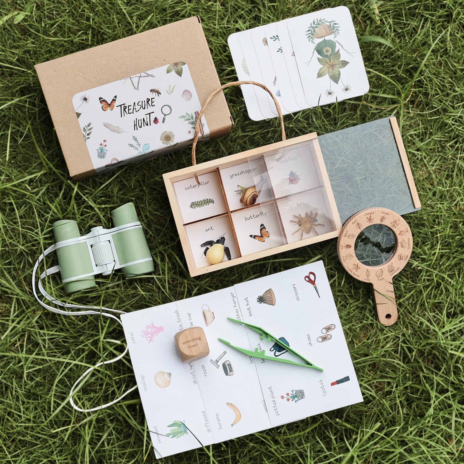 Samonyed wooden scavenger box helps kids store found treasures after exploring.