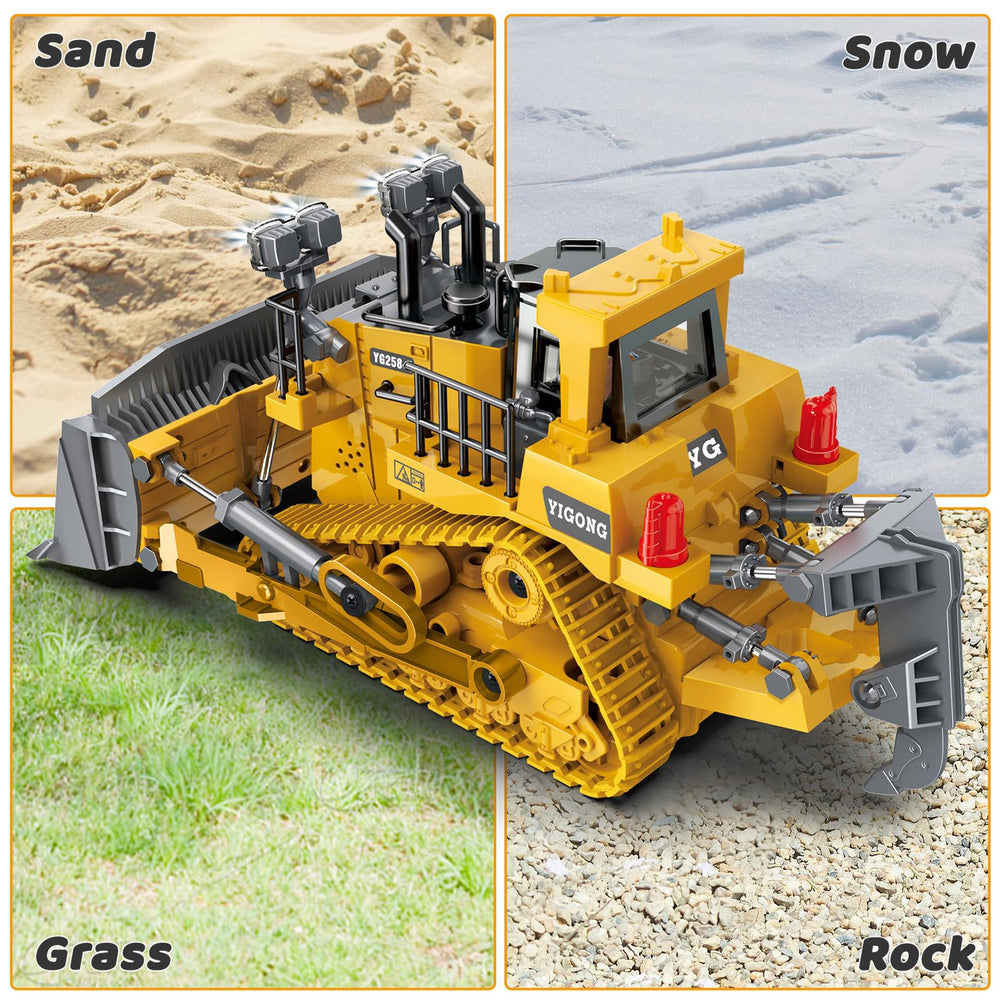Samtop RC Bulldozer durable body emphasizes metal shovel for rugged play