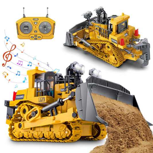 Samtop RC Bulldozer front view shows a realistic cab and shovel for immersive play