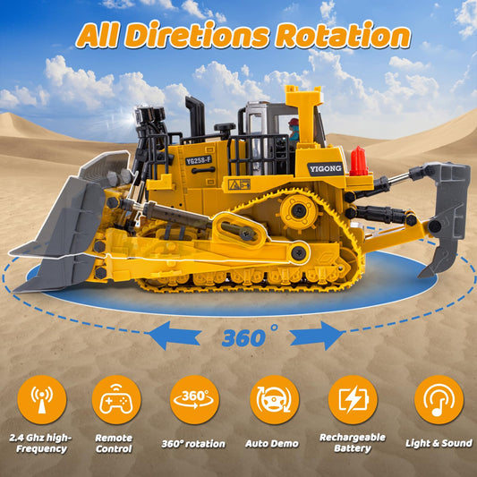 Samtop RC Bulldozer rear view highlights durable construction for outdoor sandbox adventures