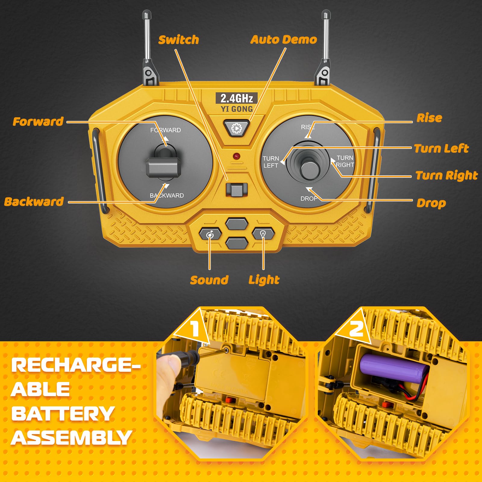 Samtop RC Bulldozer rechargeable battery with USB charging for extended sessions