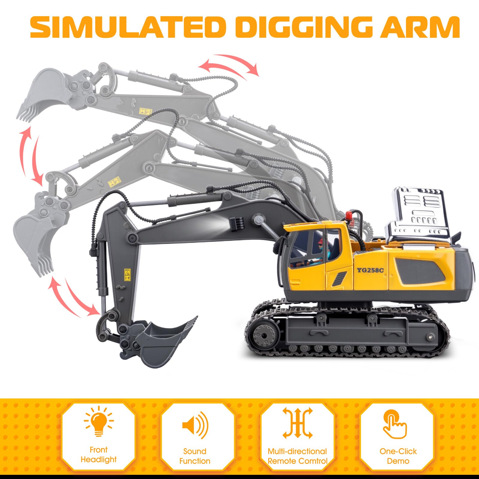 Samtop RC excavator digging action, dual 1200mAh batteries for extended play.
