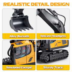 Samtop RC excavator toy with headlights and built-in sounds for enhanced nighttime play.