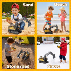 Samtop RC excavator toy on grass and sand showcasing durable tracks for varied terrain.