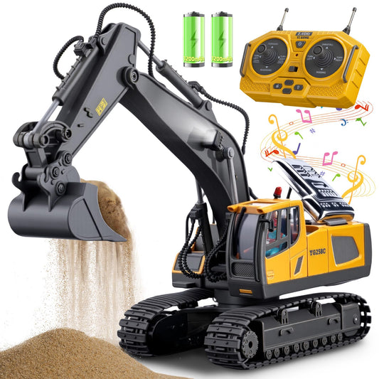 Samtop remote-control excavator toy front view, durable ABS plastic for outdoor play.