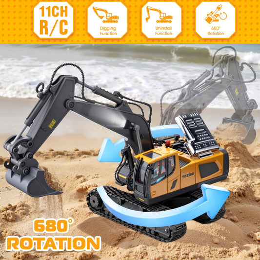 Samtop remote-control excavator toy side angle, realistic 680-degree rotation for immersive play.