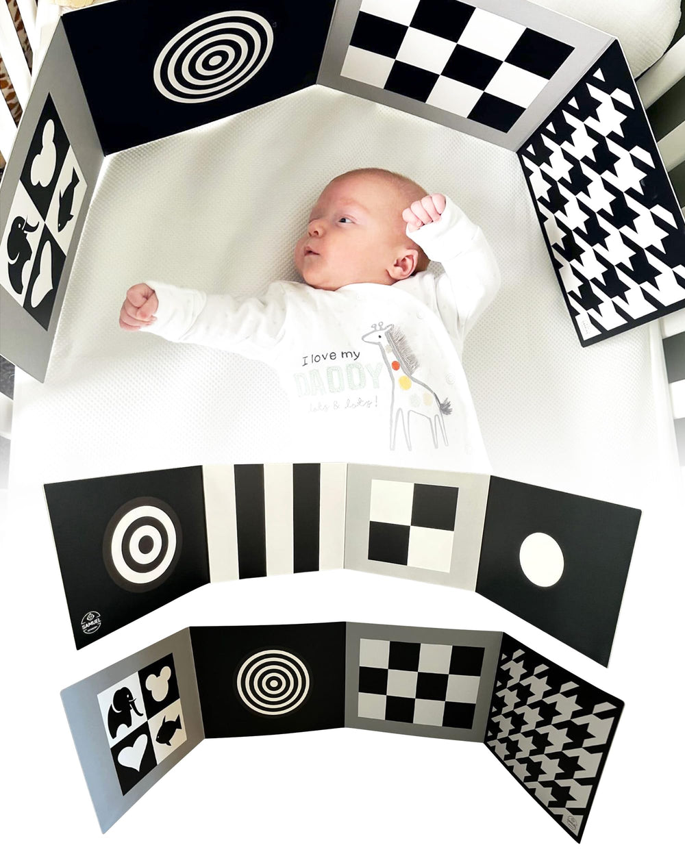 Samuel Sensory supersized black and white cards foldout 100cm for newborn visual exploration.