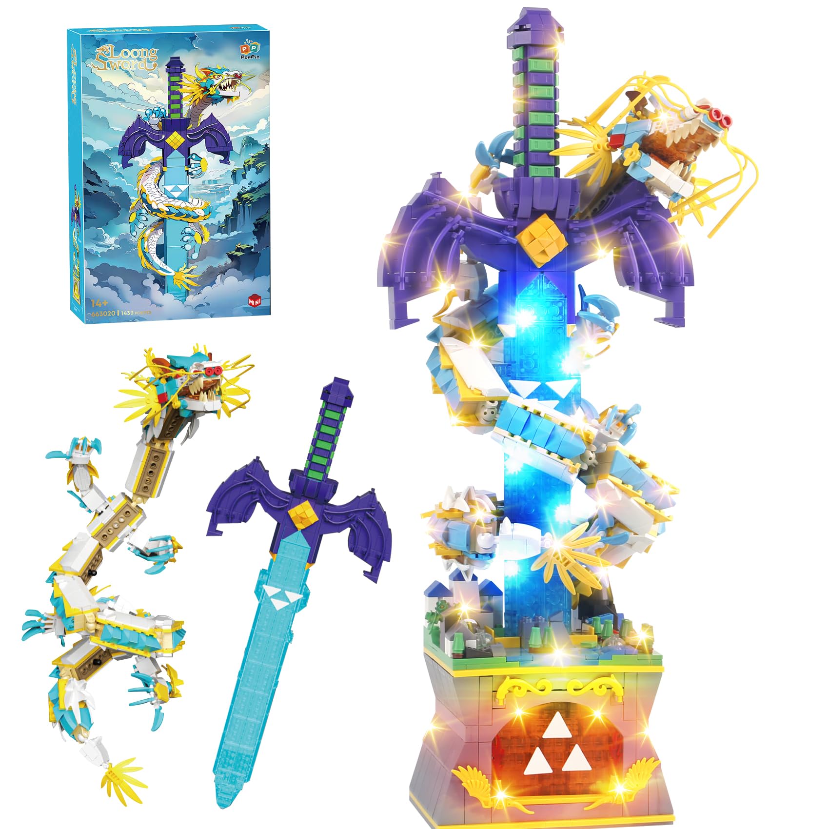 Samyblocks Master Dragon Sword base with LED lighting enhances display.