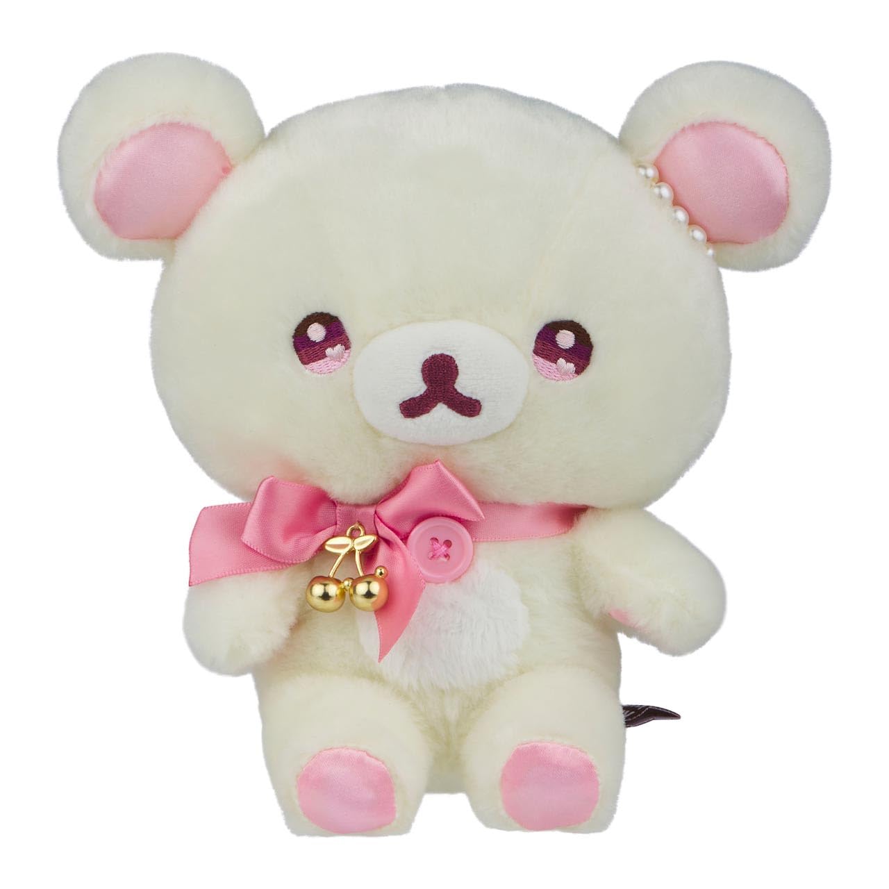 San-X Korilakkuma shining jewel cherry front view plush, sparkly detail for collectors.