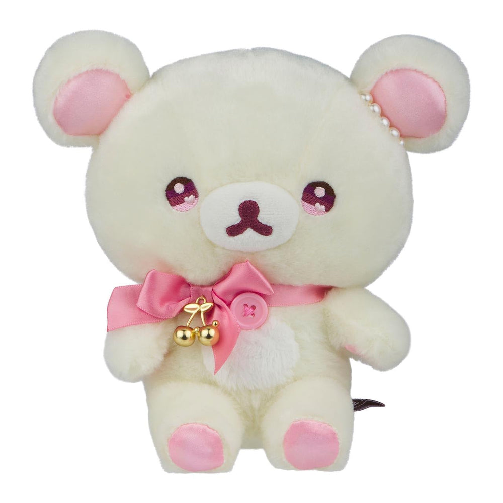 San-X Korilakkuma shining jewel cherry front view plush, sparkly detail for collectors.