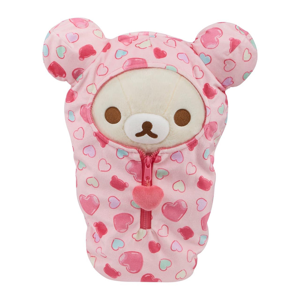 San-X Rilakkuma Hearts Sleeping Bag Plush front view, soft cuddle buddy for bedtime