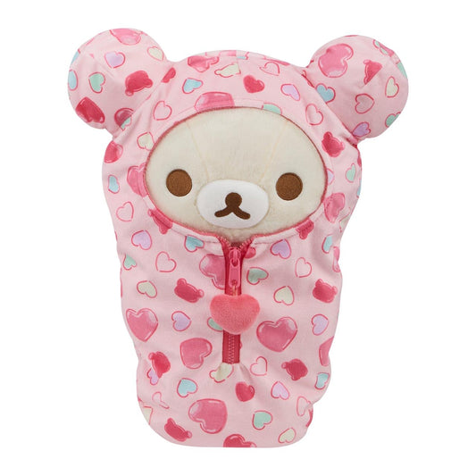 San-X Rilakkuma Hearts Sleeping Bag Plush front view, soft cuddle buddy for bedtime