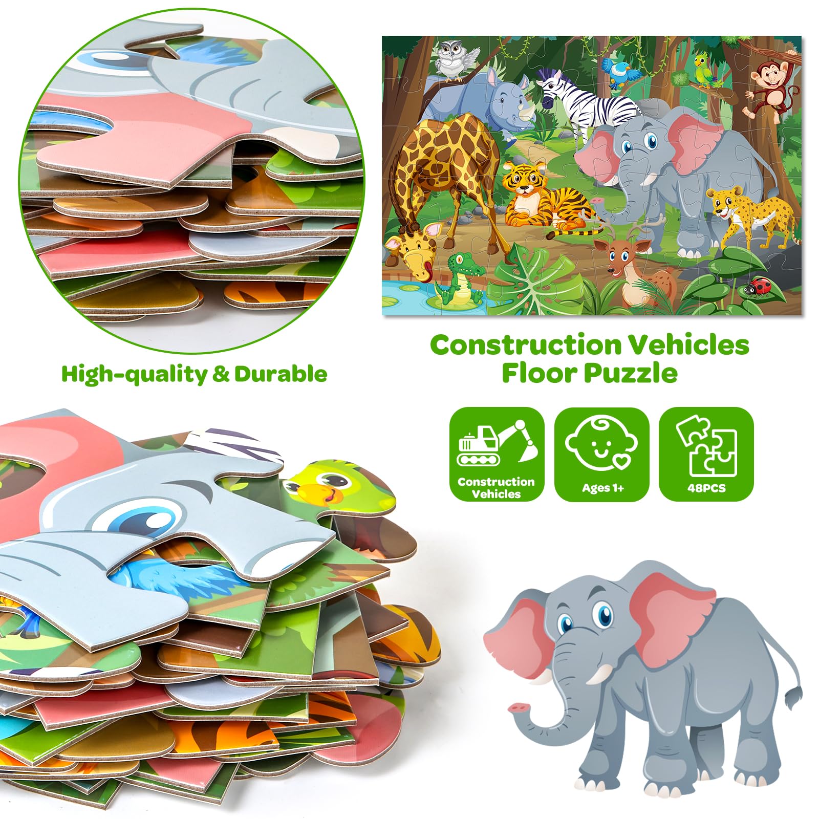 SANANT Jumbo Floor Puzzle showcases tiger, elephant, giraffe, and more to boost recognition and problem solving