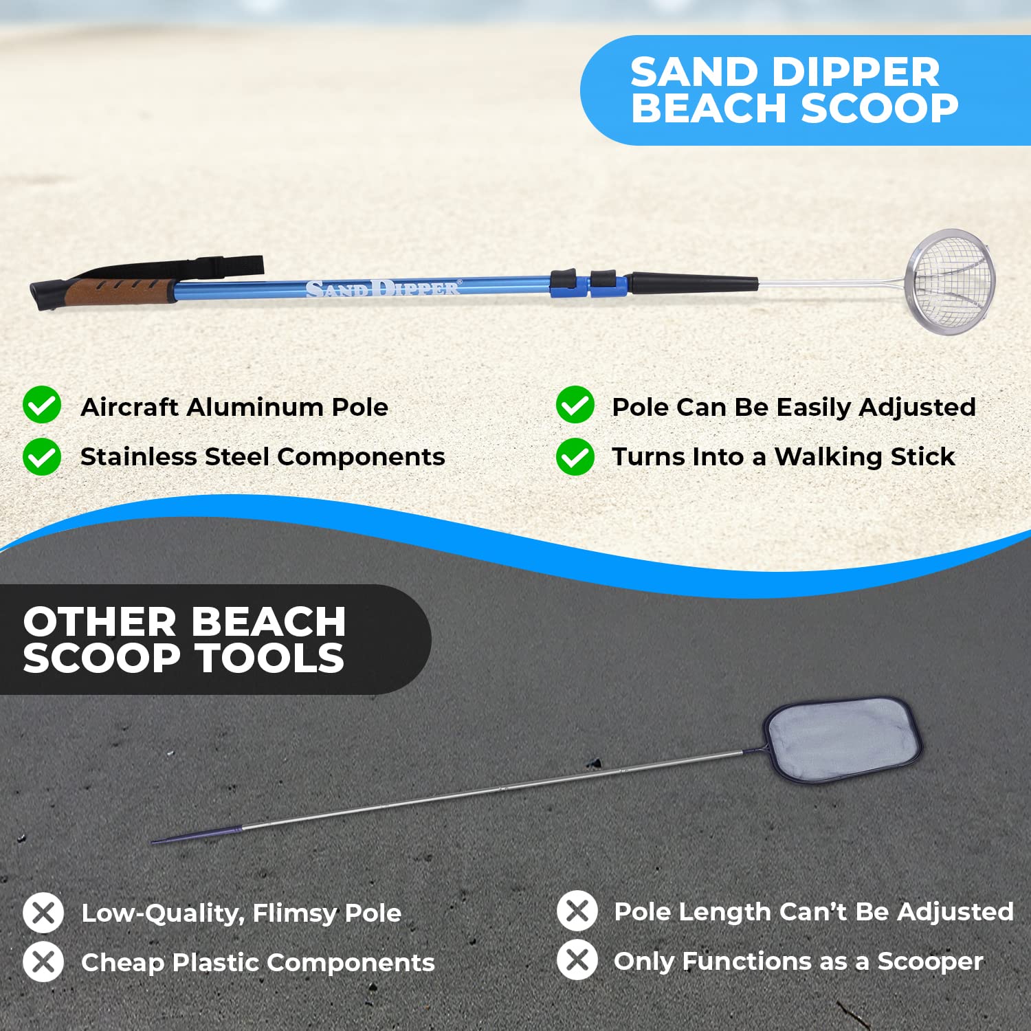 Sand Dipper pink adjustable pole for comfortable height while beachcombing.