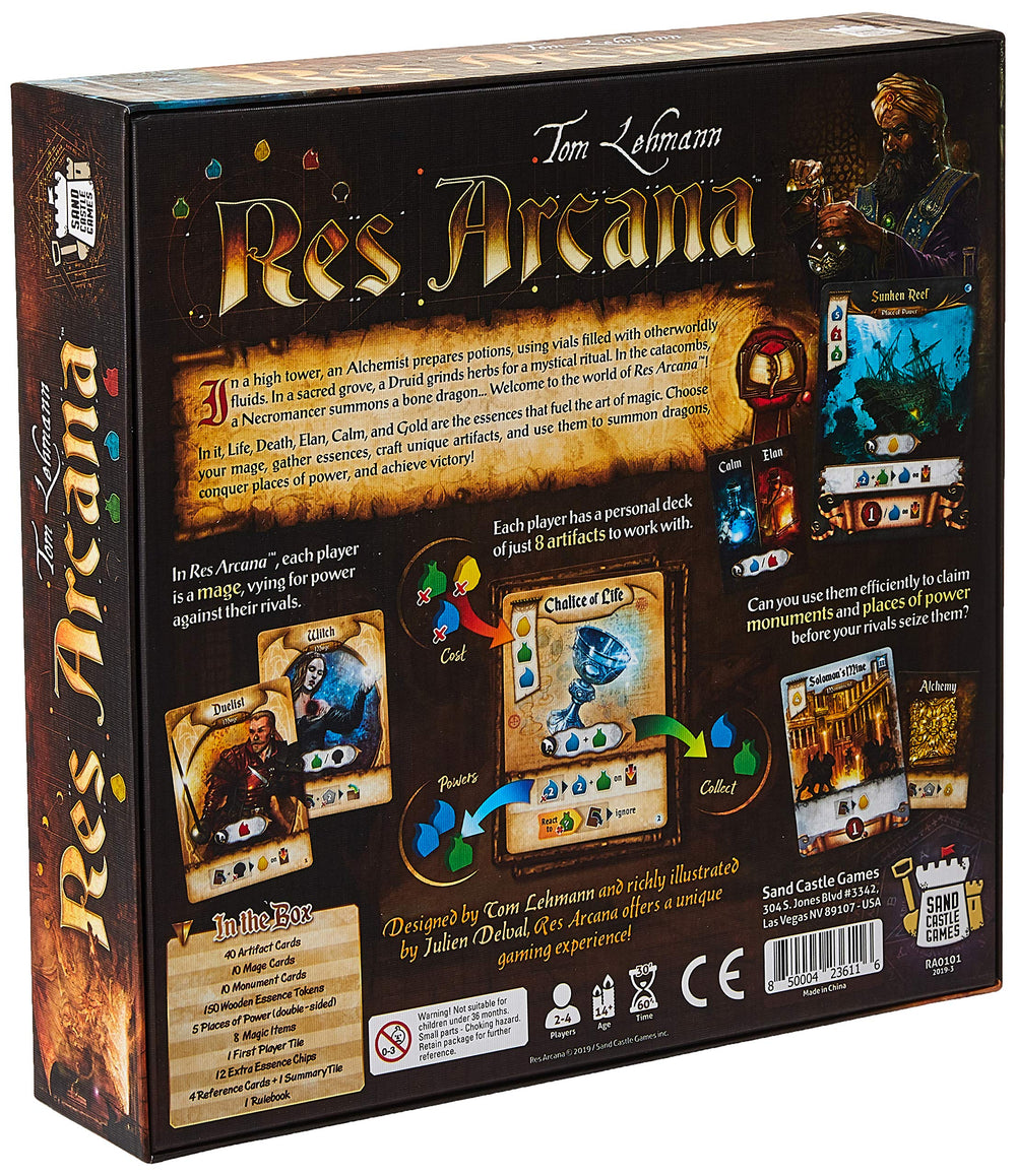 Sand Castle Games Res Arcana artifacts depict a deck-based tactical setup for players.