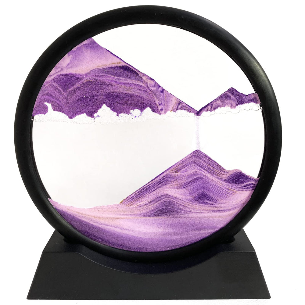 SANDCLE purple moving sand art in a round glass frame on a desk for calm decor