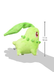 Sanei Chikorita face close-up shows cute eyes for bedtime cuddling.