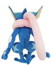 Sanei Greninja 9-inch plush on shelf, vivid blue hues for display and collectible appeal