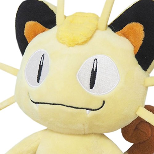 Sanei Meowth plush side view, perfect desk companion for shelf displays.