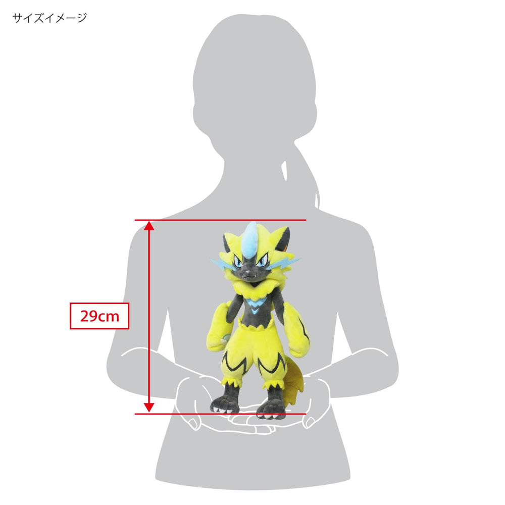Sanei Pokemon Zeraora 11-inch plush, in-hand view shows size and charm