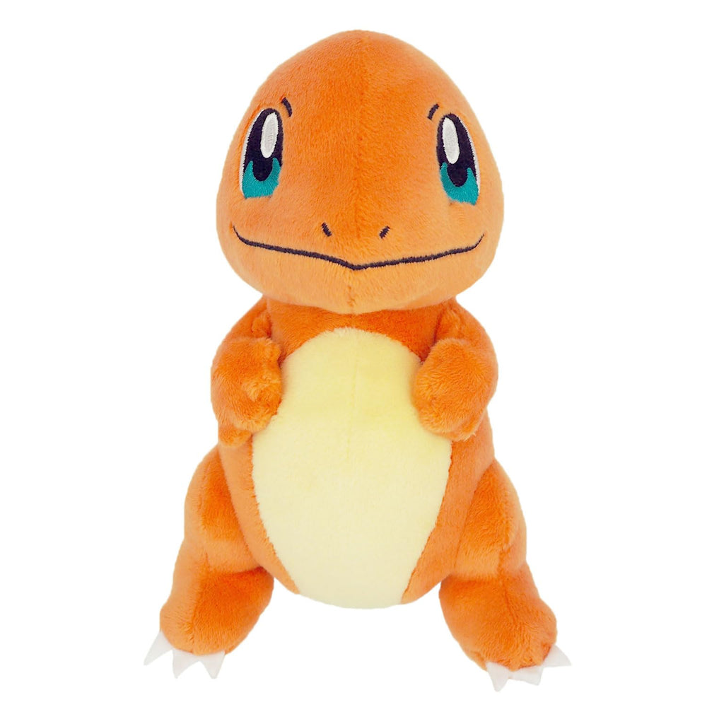 Sanei Charmander plush face close-up showing eyes and soft fur.