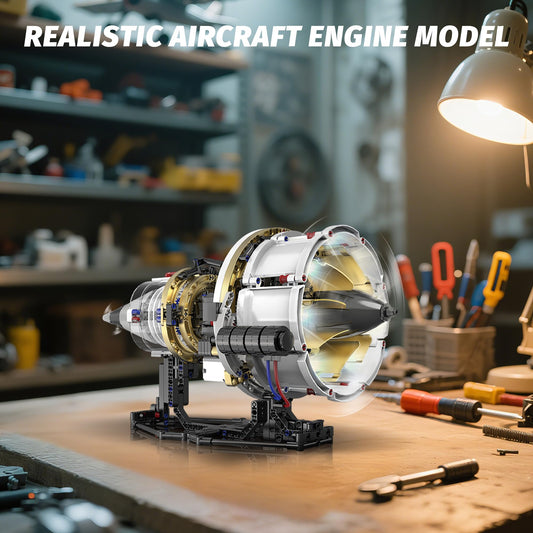 SANGQAOFU jet engine model kit side view showing LED lighting during operation