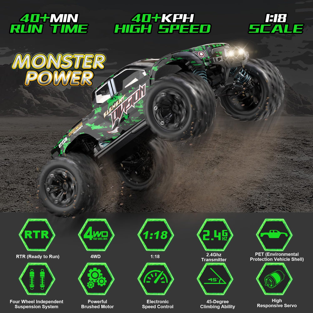 Sanherb RC car side profile showing 4WD drivetrain and knobby tires for versatile terrain