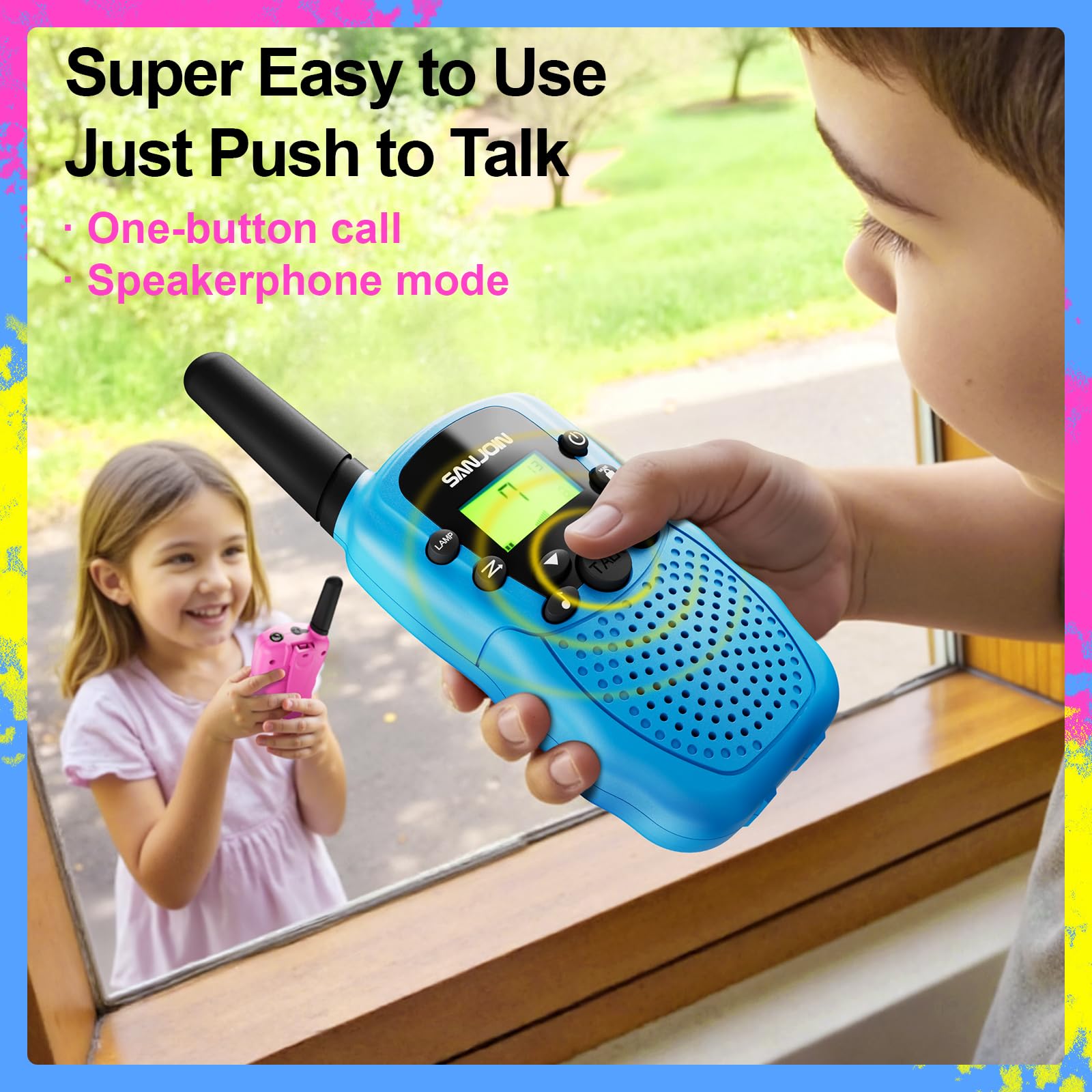 SANJOIN Kids Walkie Talkies durable ABS shell withstands drops during outdoor adventures
