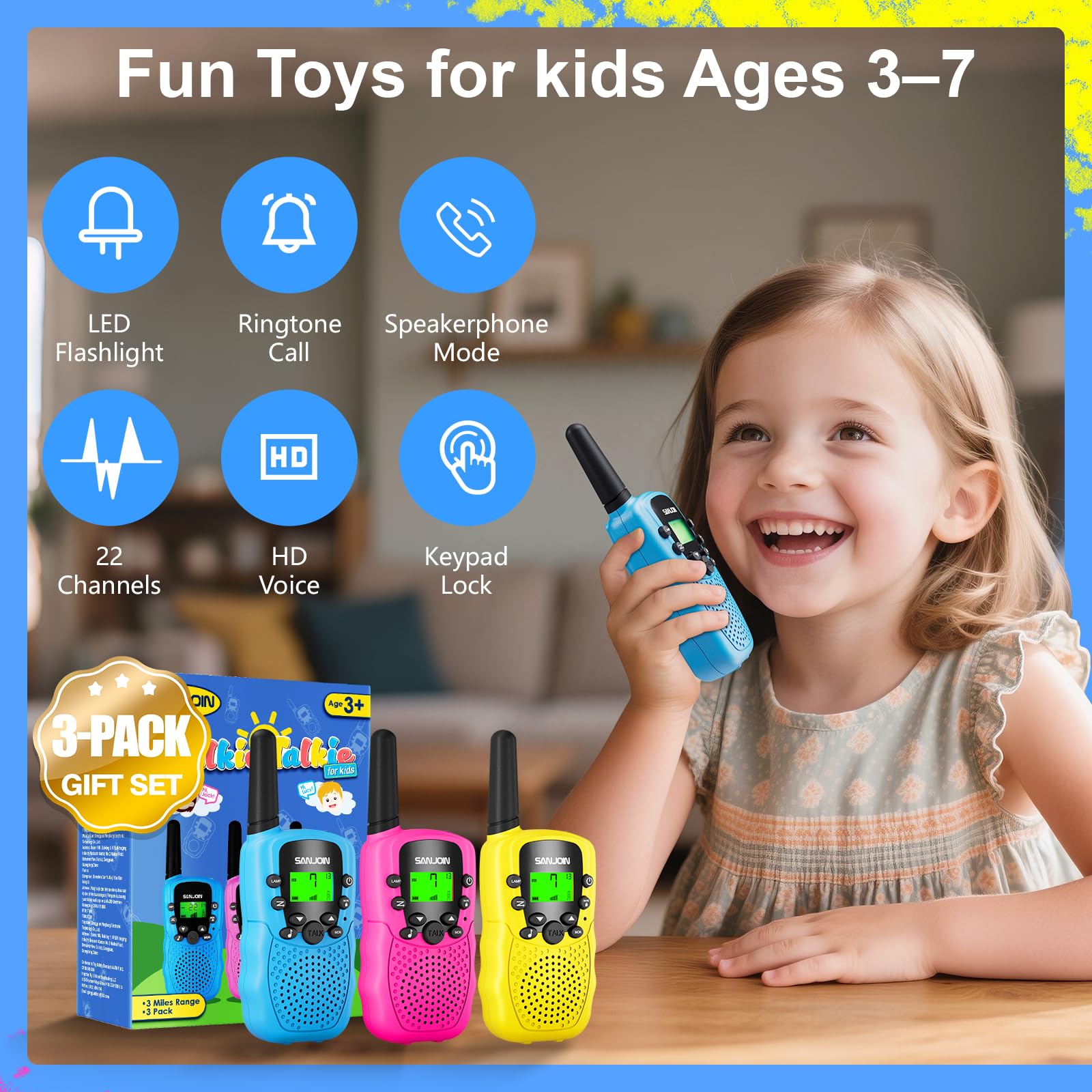 SANJOIN Kids Walkie Talkies ergonomic 90g design fits small hands for comfortable use