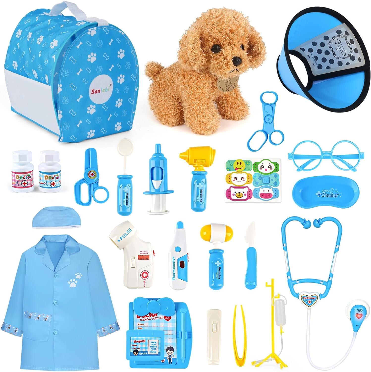 Sanlebi doctors set with dog cage bag for portable vet play and storage.