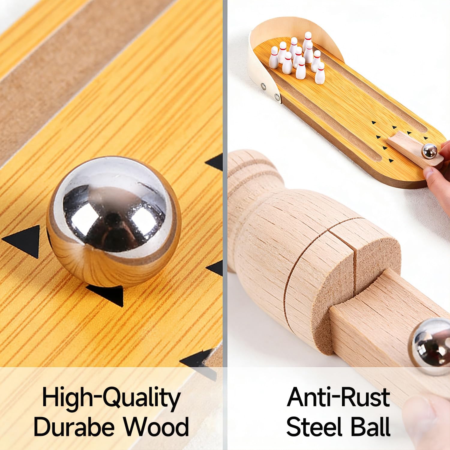 SANTA CASA wooden desk bowling set combines durability with engaging, quick entertainment.