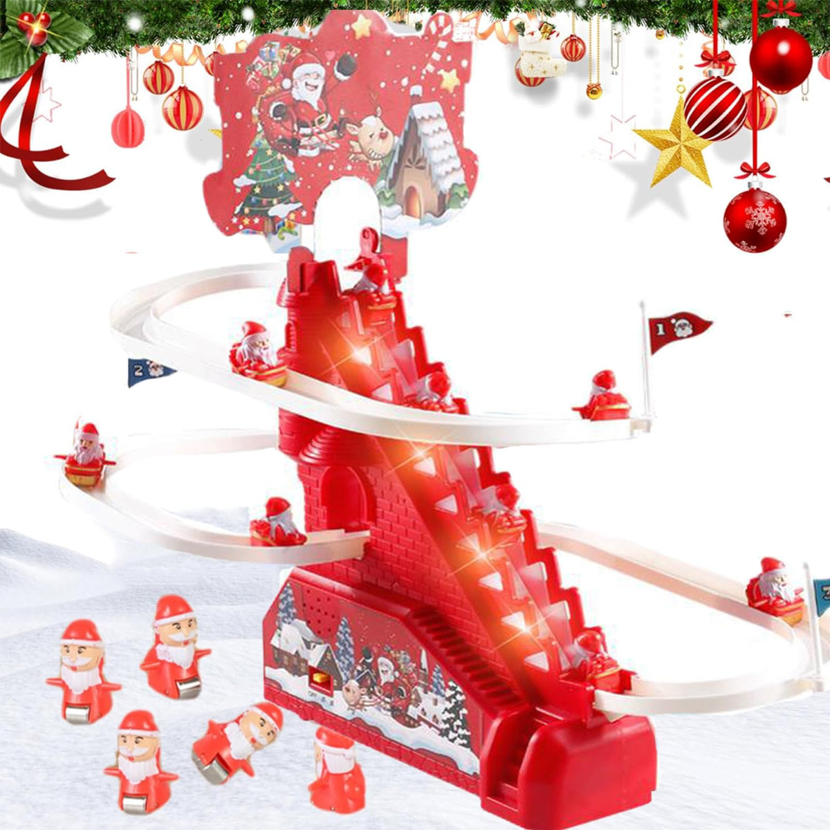 Santa Climbing Toy electric track action boosts interactive stair-climb play for toddlers.