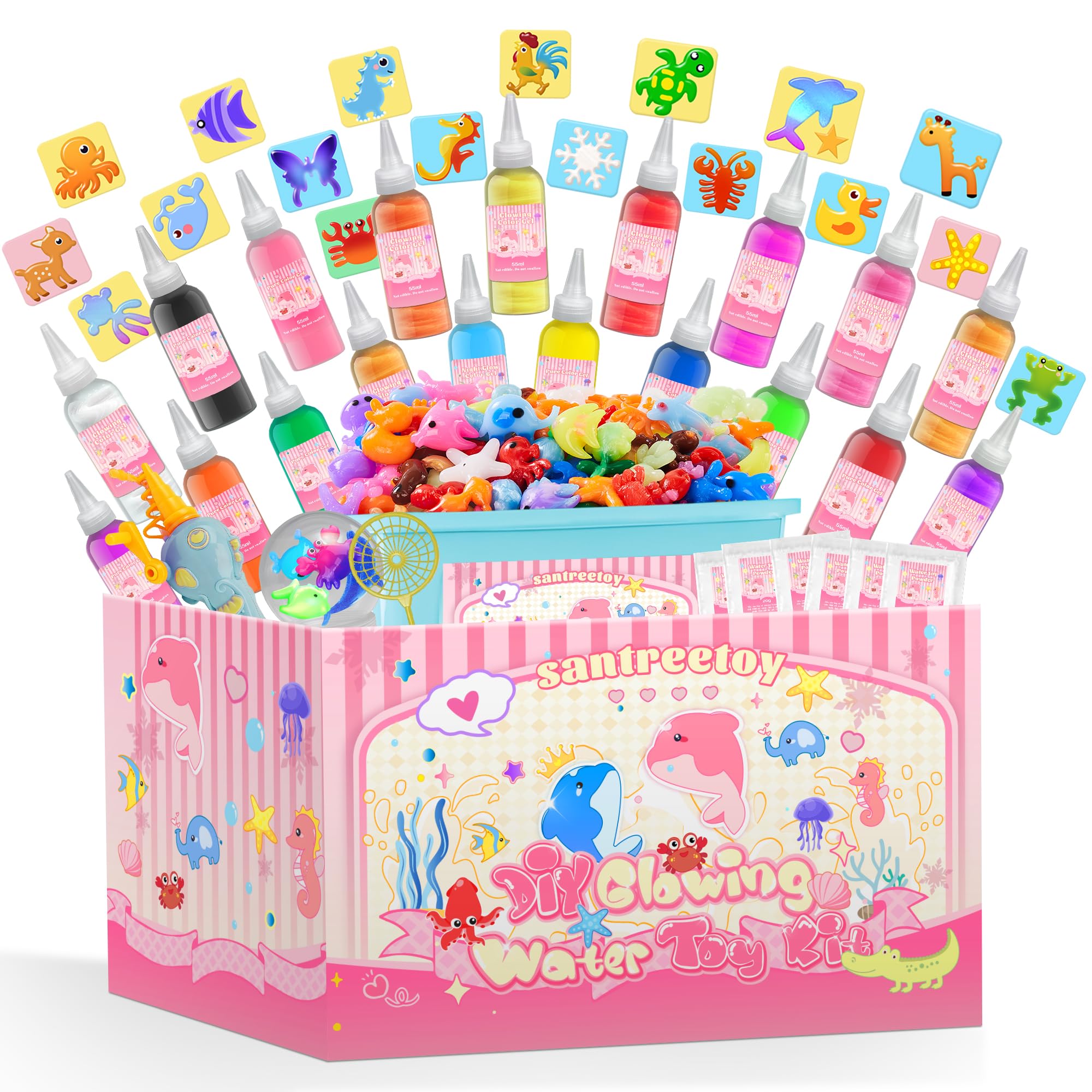 Santreetoy Magic Gel Water Elf Kit packaging setup encourages creative color mixing.