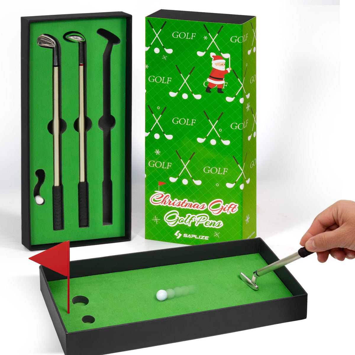 SAPLIZE Mini Golf Pen Gift Set displayed in festive gift box for holiday desk fun.