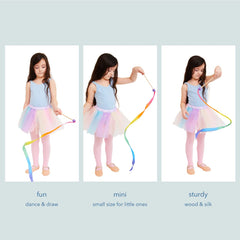 Sarah's Silks Mini Rainbow Streamer highlighting 8-inch wooden handle for comfortable grip.