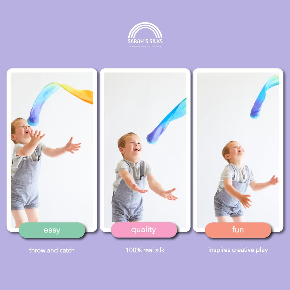 Indoor play scene shows easy grip for little hands with Sarah's Silks Skytail Blue Rainbow Comet.