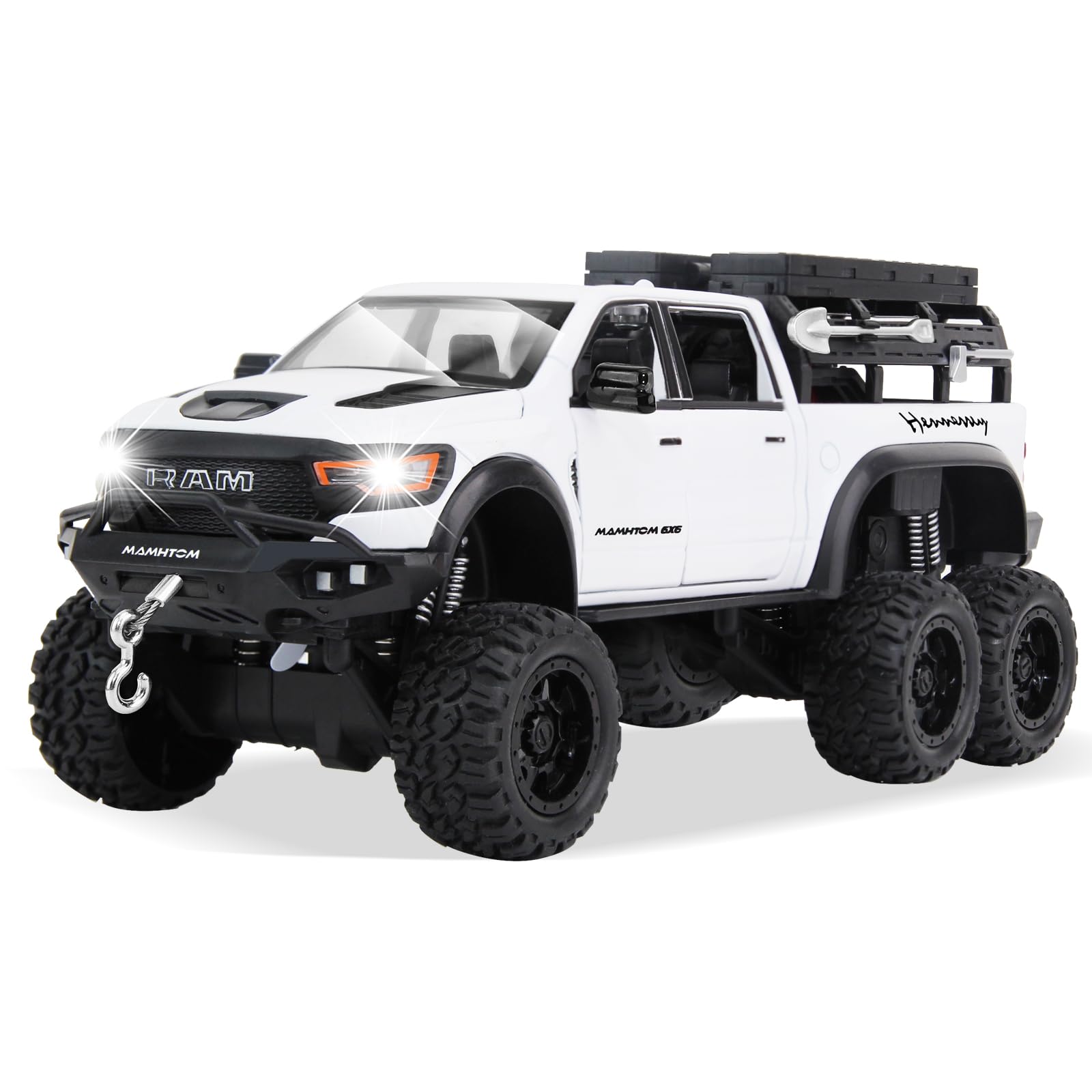 SASBSC 6x6 pickup truck white exterior highlights sturdy metal build for lasting play.