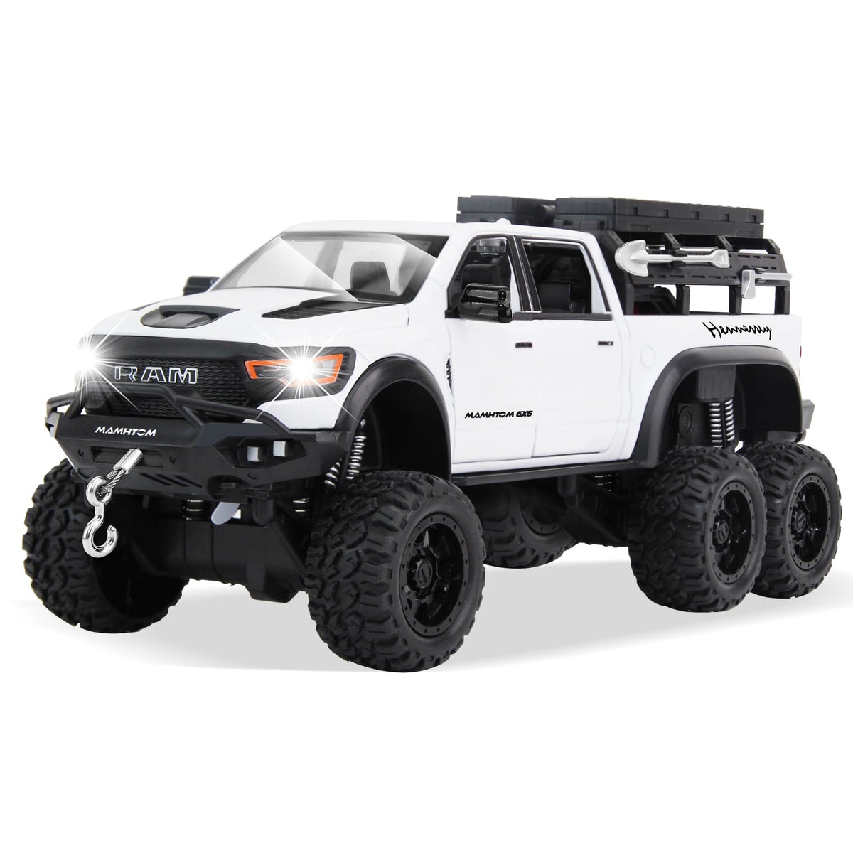 SASBSC 6x6 pickup truck white exterior highlights sturdy metal build for lasting play.