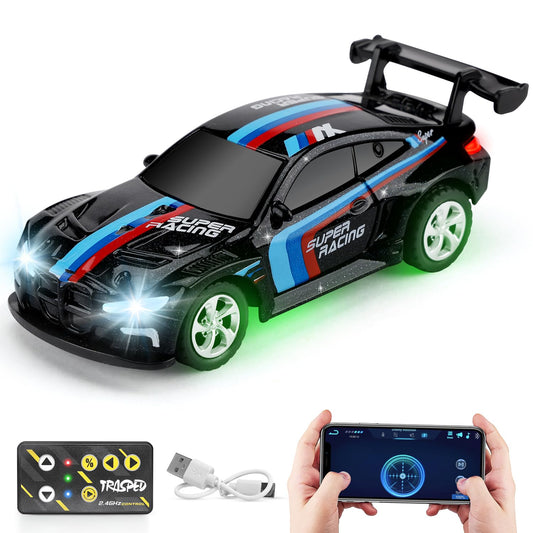 SASBSC mini RC car front view with bright lights for immersive play