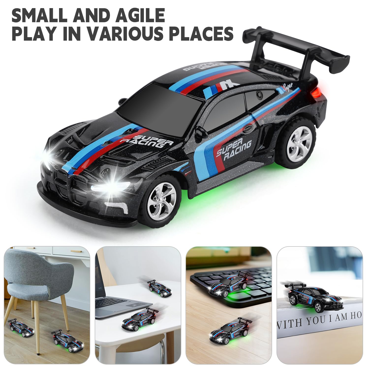 SASBSC RC car with lights activated for night-time racing vibes